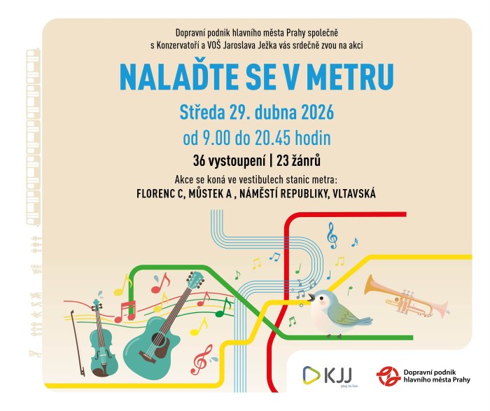 Nalaďte se v metru 2026, středa 29. dubna 2026 9:00 - 20:45, Florenc C, Můstek A, Náměstí Republiky, Vltavská