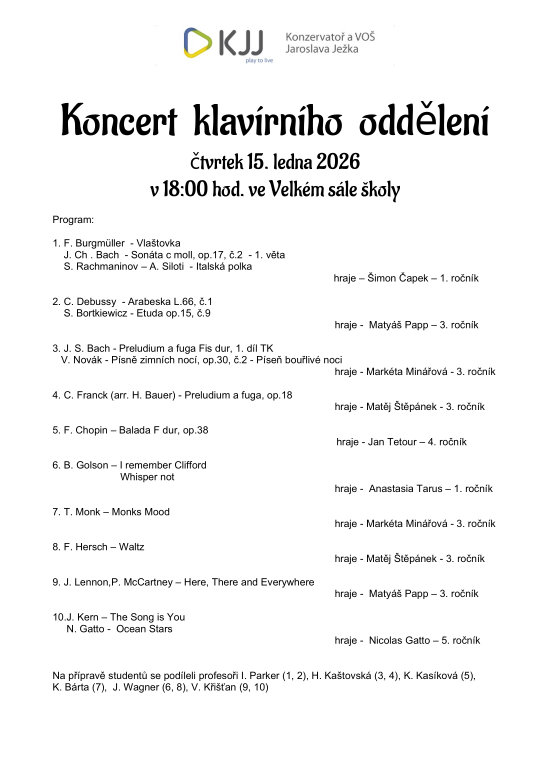 Koncert klavírního oddělení, čtvrtek 15. ledna 2026 v 18:00hod. ve Velkém sále školy