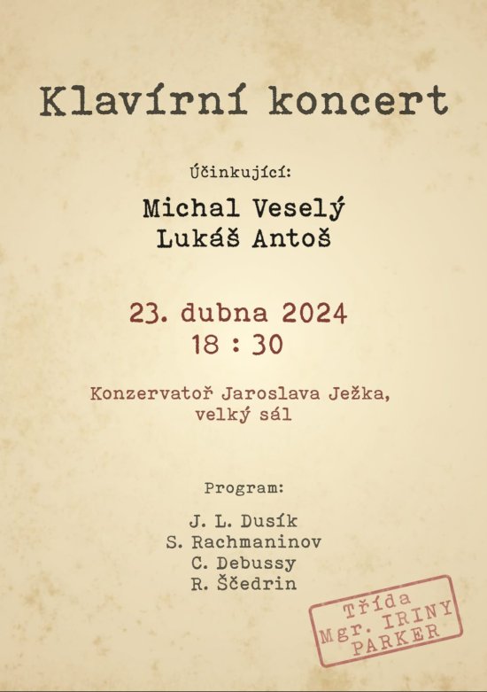 Klavírní koncert - Michal Veselý, Lukáš Antoš, 23. 4. 2024 od 18:30, Velký sál KJJ