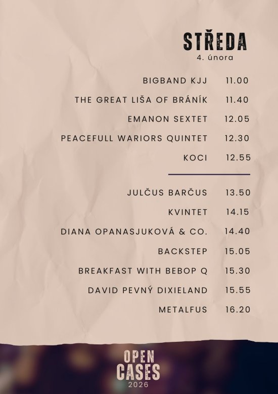 Open Cases, přehlídka školních souborů Konzervatoře Jaroslava Ježka, 3. - 4. února 2026, program středa