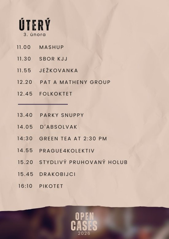 Open Cases, přehlídka školních souborů Konzervatoře Jaroslava Ježka, 3. - 4. února 2026, program úterý