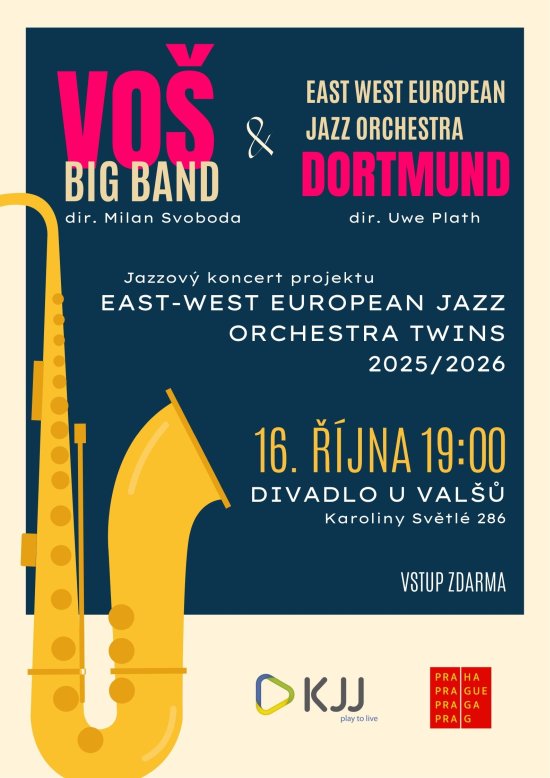 Jazzový koncert projektu Big Band VOŠ KJJ & East West European Jazz Orchestra Twins 2025/2026, 16. října 19:00, Divadlo U Valšů